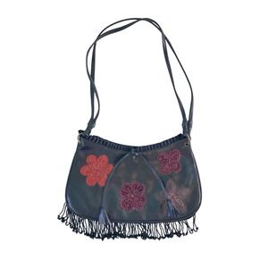 Express Vintage Black Handbag Floral Appliques Beaded Fringe Boho Retro
